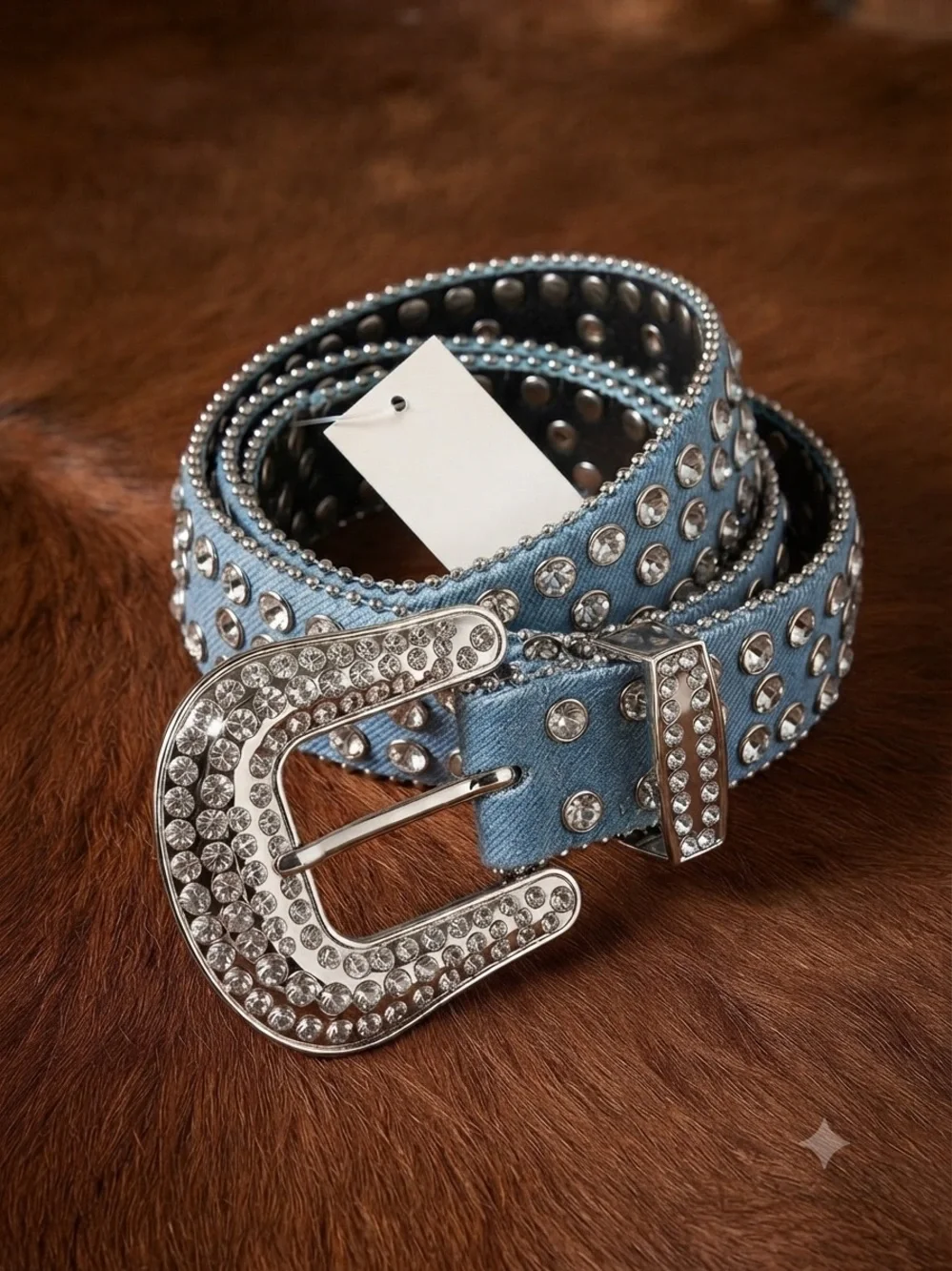 NWT True Love Rhinestone Bling Western Cowboy Belt - Light Blue Denim, Size s/m